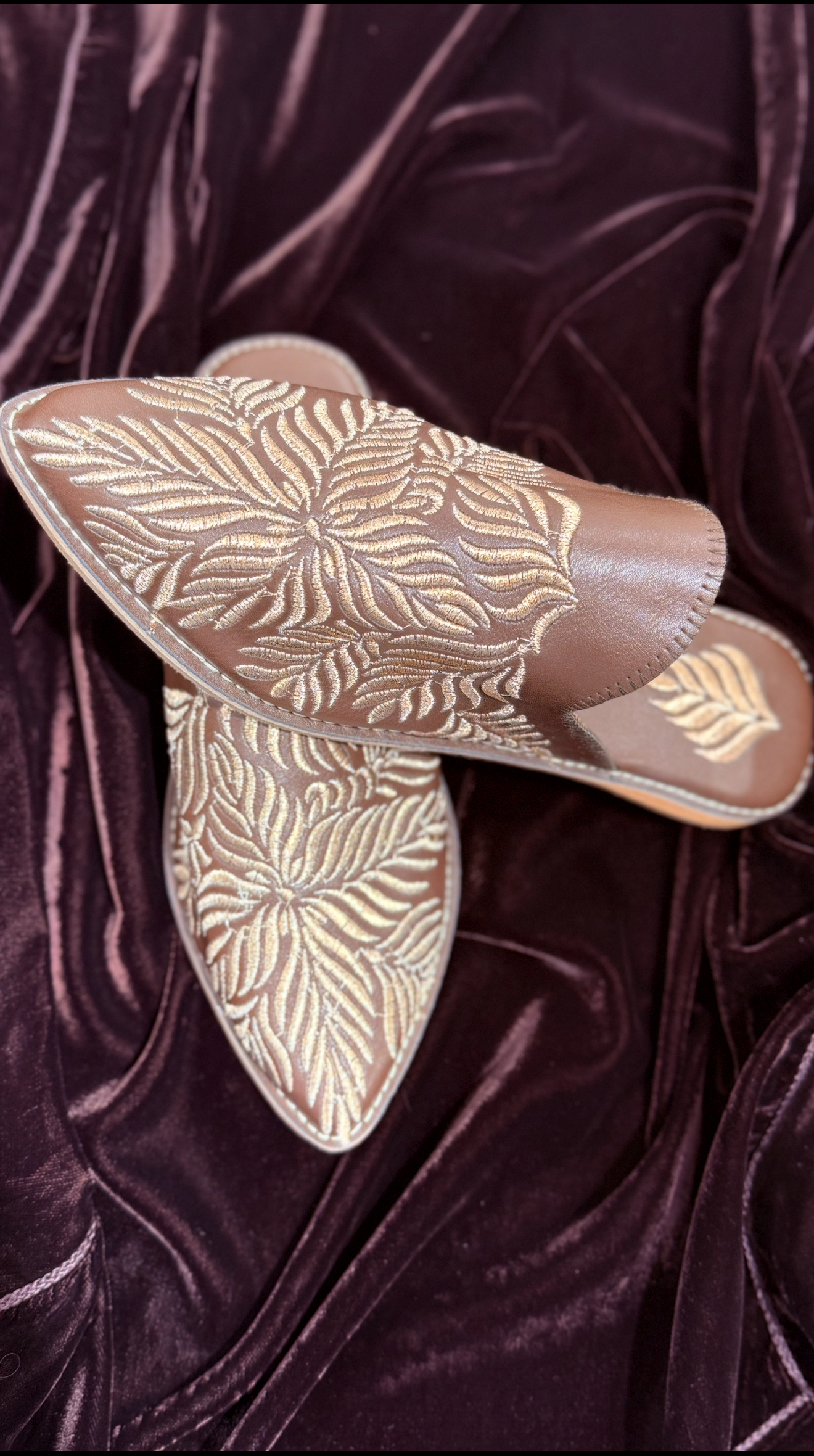 BABOUCHES FLEUR FEMME BABOUCHES FEMME EN CUIR COULEUR marron AVEC BRODERIES BRONZE